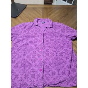 Basic Editions Purple Print Button Up Shirt Extra Large Cotton Casual Top Women